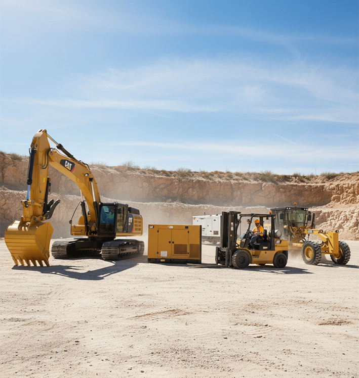 CAT rental equipment displayed in a clean, well-lit industrial setting. The equipment is positioned for easy viewing, with visible branding and controls. The environment suggests reliability and professionalism.